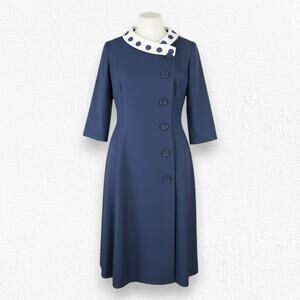 Vintage 1950s Navy Polka Dot Collar Asymmetrical Buttons Flare Dress Size Small